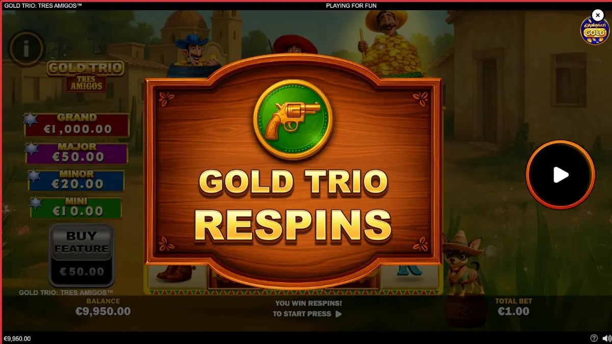 Tampilan visual slot Gold Trio: Tres Amigos dengan tema fiesta Meksiko yang meriah