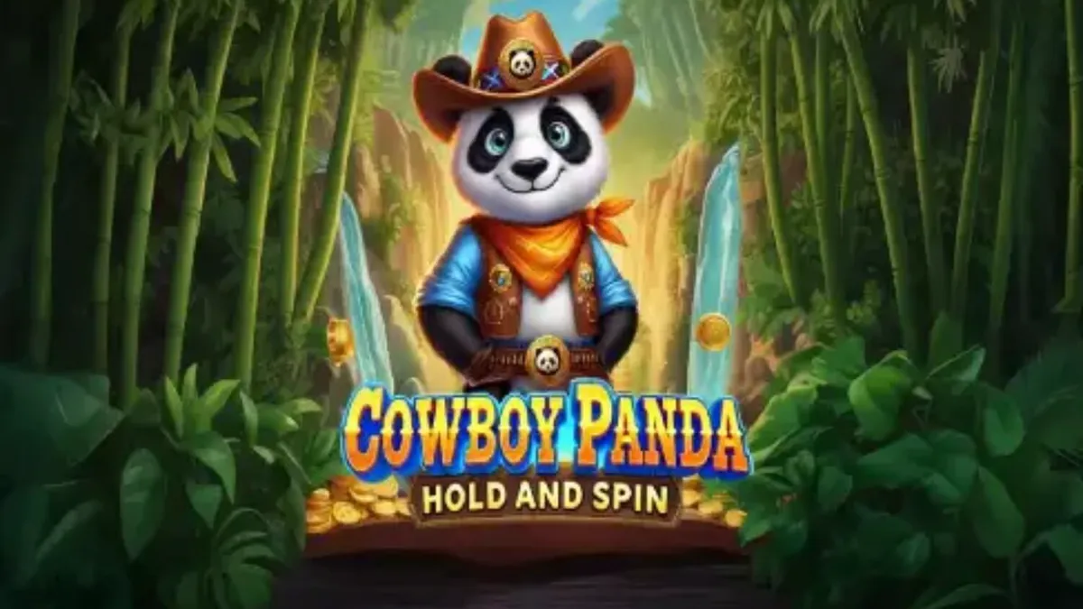 Panda koboi dengan latar belakang hutan dan kuil oriental dalam slot Cowboy Panda Hold & Spin