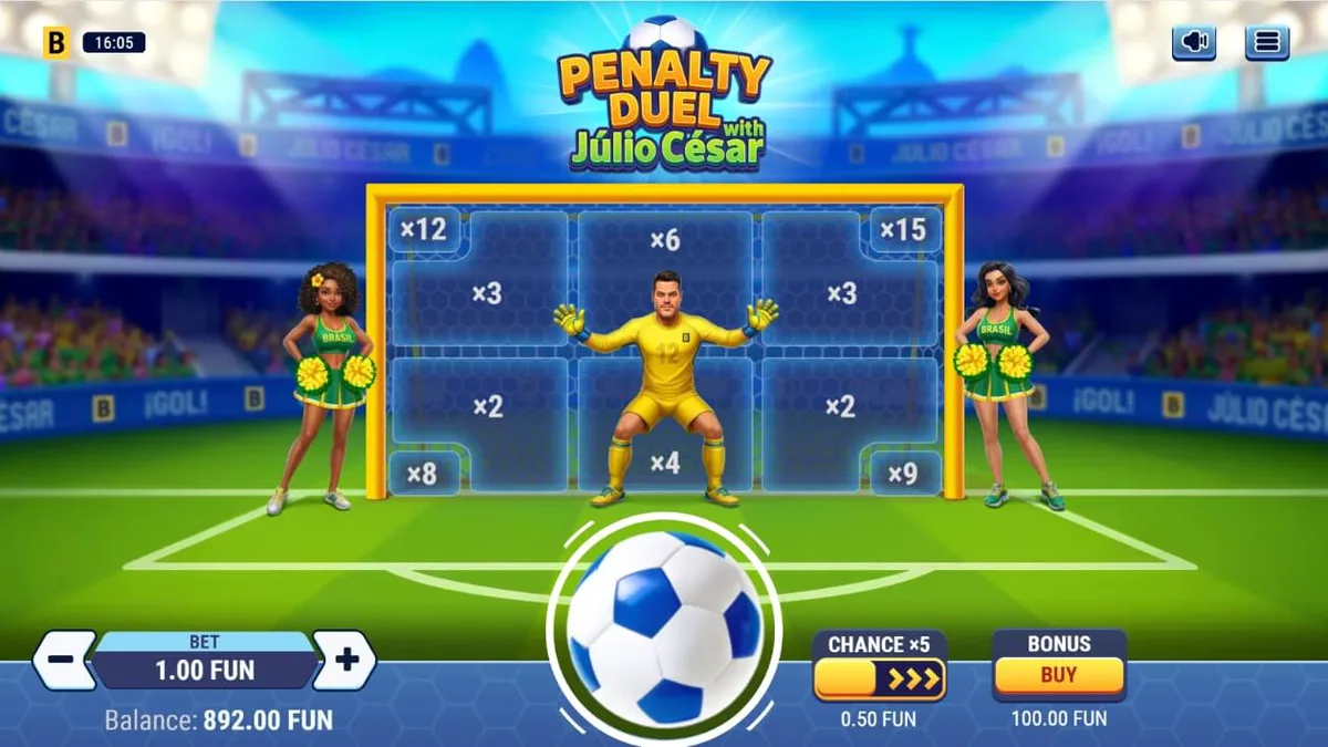 Tampilan antarmuka permainan Penalty Duel with Júlio César dengan kiper legendaris di depan gawang.